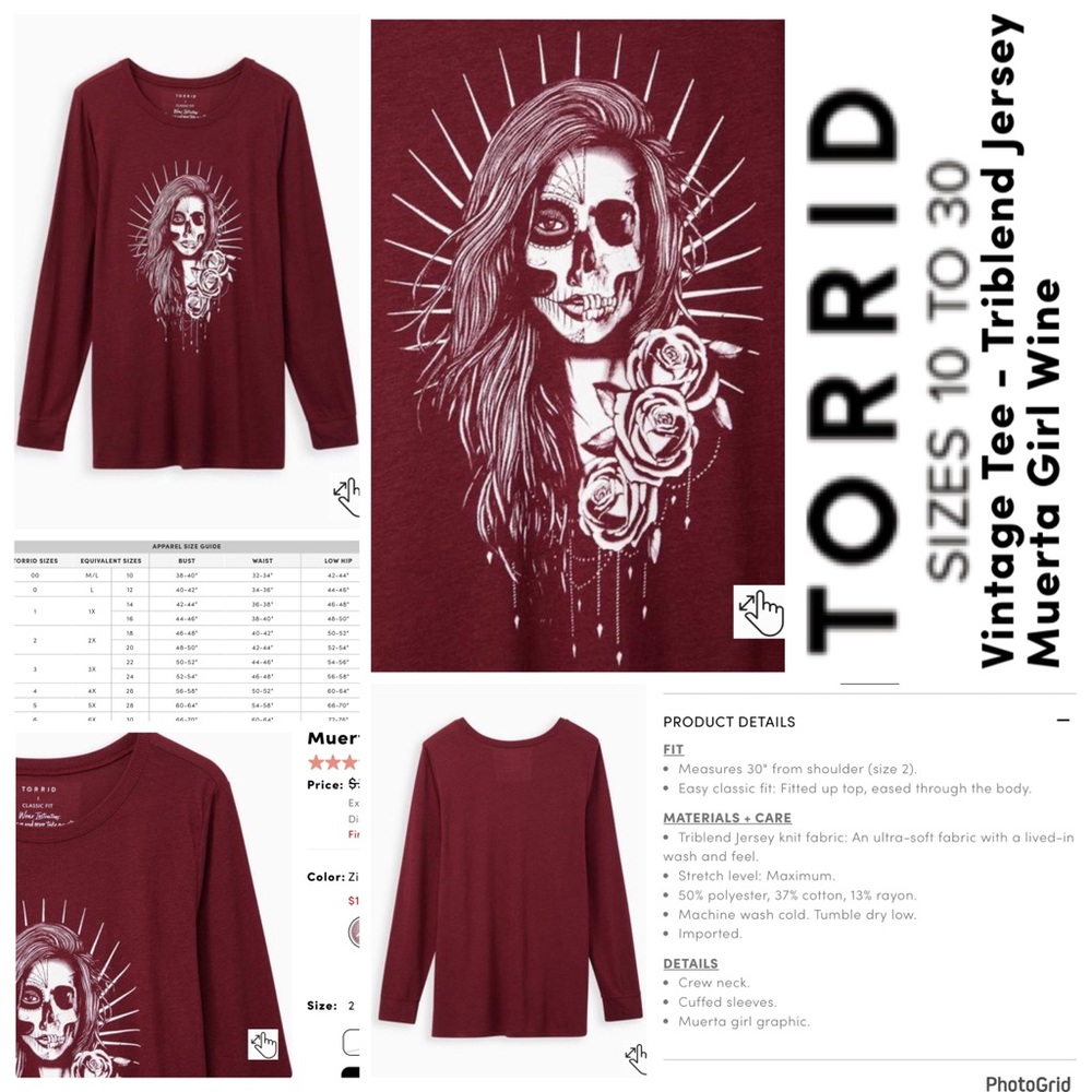 Torrid 2 plus size vintage tee wine muerta girl long sleeve NWT